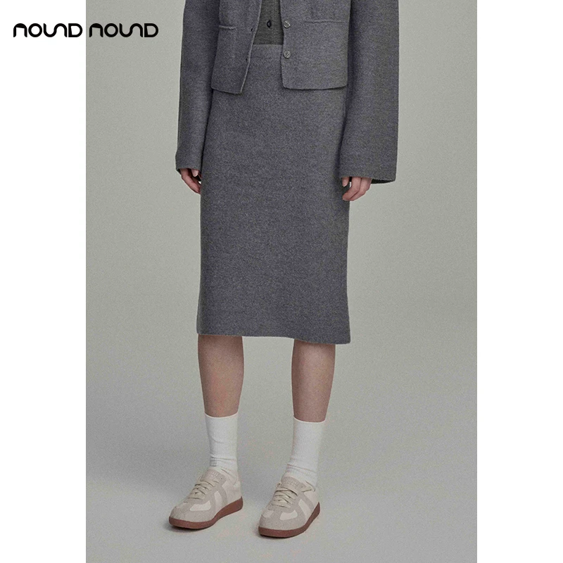 【swaying knit】noundnound灰色羊毛无缝口袋半裙女秋冬新款