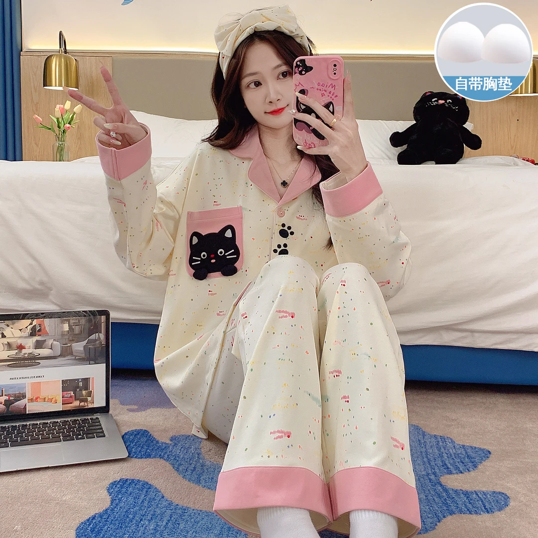 春秋新款睡衣女长袖长裤卡通秋冬季网红爆款带胸垫冬季家居服套装
