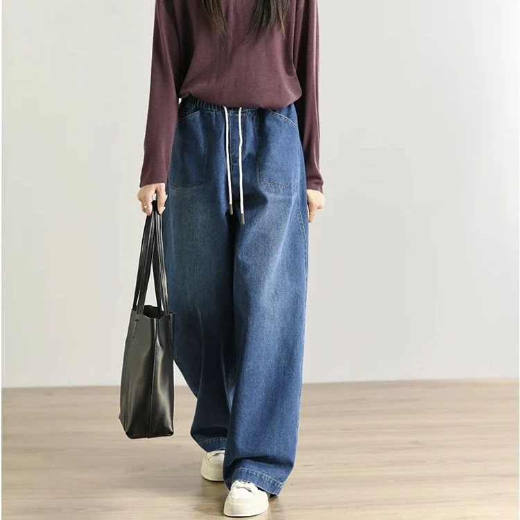 大码阔腿高腰宽松复古长裤牛仔裤2025新款松紧腰显瘦休闲拖地直筒