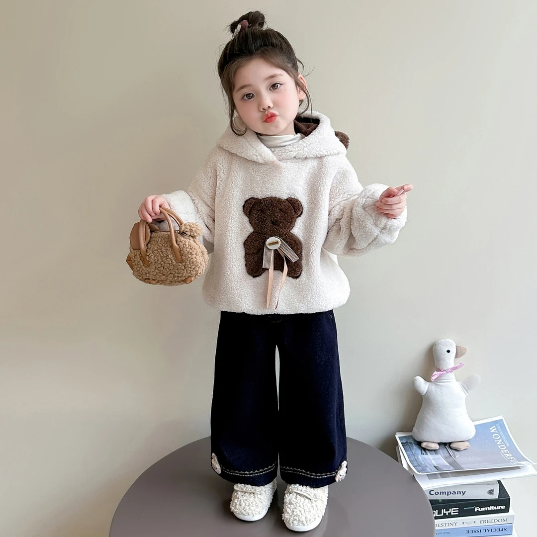 女童加绒卫衣秋冬装2025新款儿童卡通连帽毛毛衣宝宝加厚冬季衣服