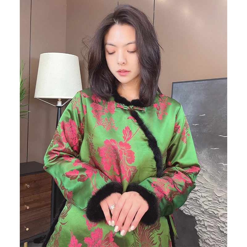 美美国风冬装貂毛拼接时尚洋气夹棉小衫新中式复古提花上衣6817-1