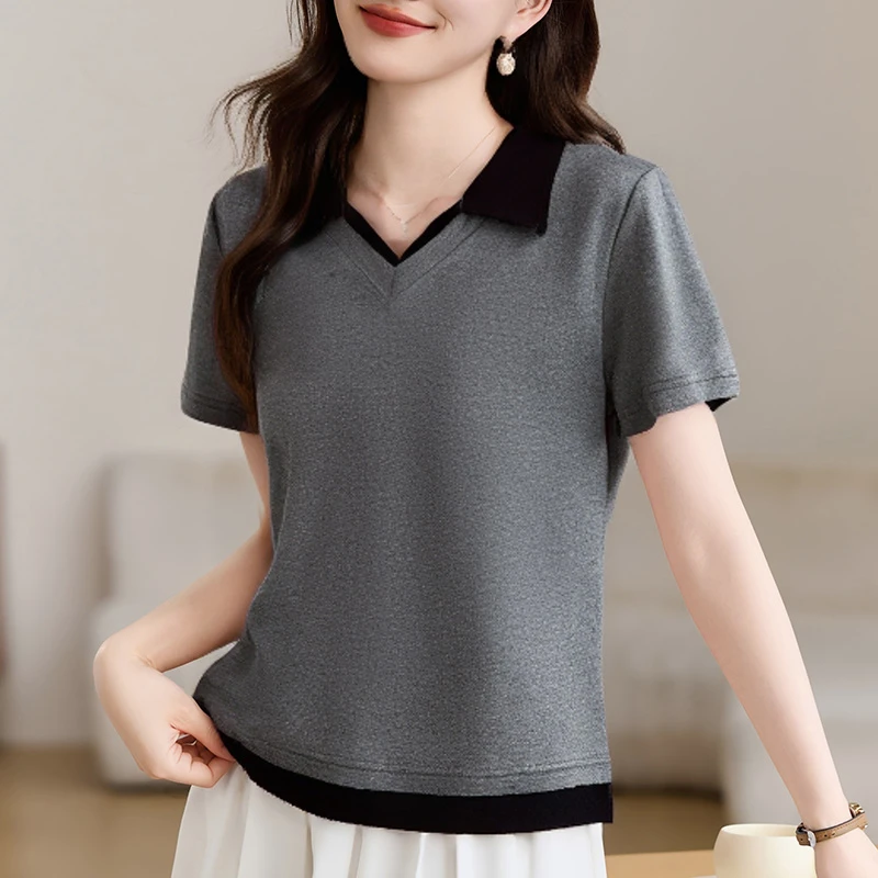 夏季新款短袖t恤女2025显瘦时尚假两件爆款设计感洋气翻领Polo衫