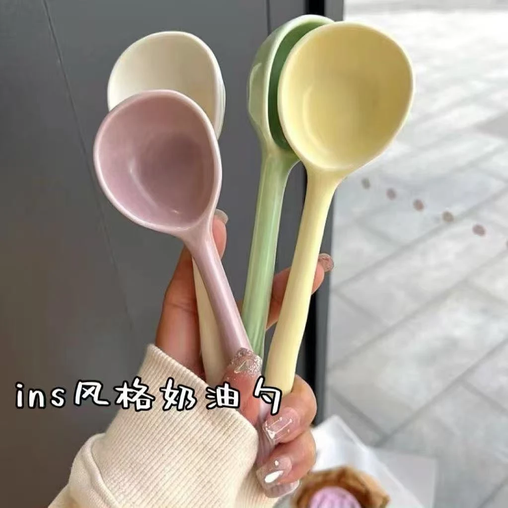 可爱甜品长柄彩色陶瓷勺子饭勺汤勺创意餐具高颜值儿童学生JST334