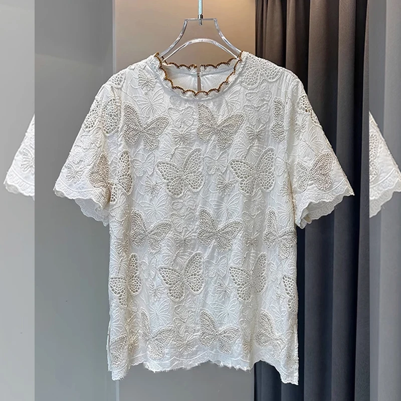 新中式小众设计重工刺绣短袖女衬衫宽松显瘦减龄百搭大码减龄上衣