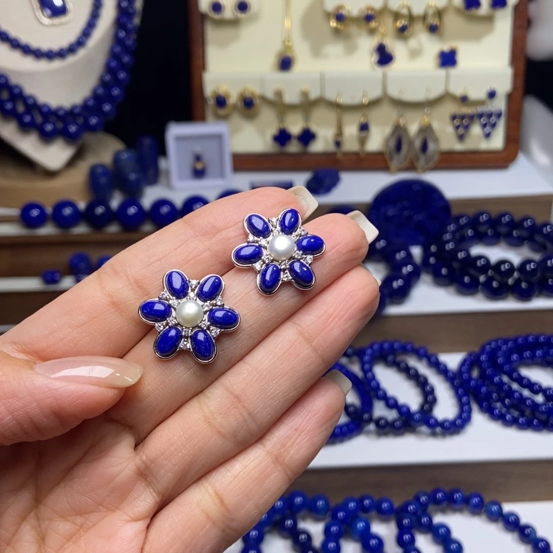 小***豆青金石银S925镶嵌耳饰