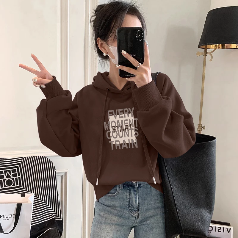 新款设计感小众加绒加厚套头连帽卫衣女短款宽松2025秋冬爆款外套