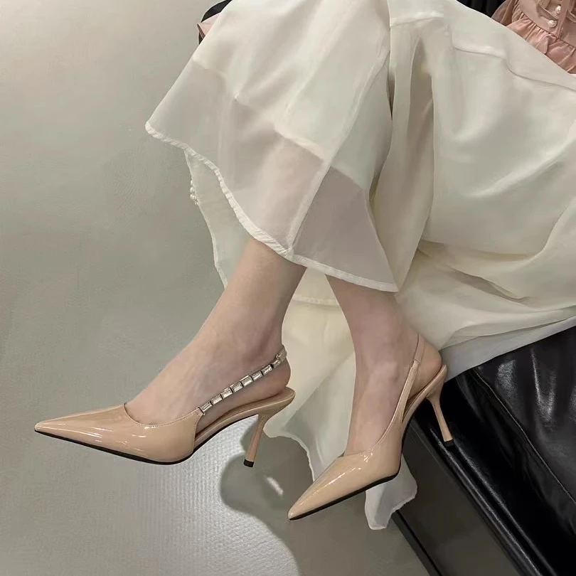 6cm8cm可选春夏新款裸色小众水钻高跟鞋女时尚百搭细跟尖头凉鞋