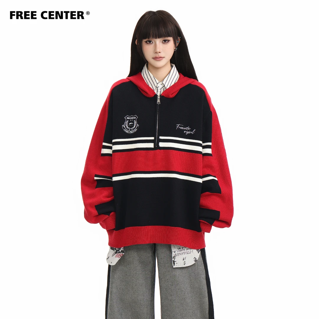 FREE CENTER 美式学院风撞色连帽针织毛衣小众设计复古半拉链外套
