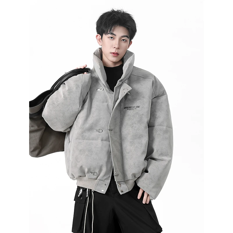 美式扎染PU皮棉服男冬季潮牌宽松加厚保暖面包服短款立领棉衣外套