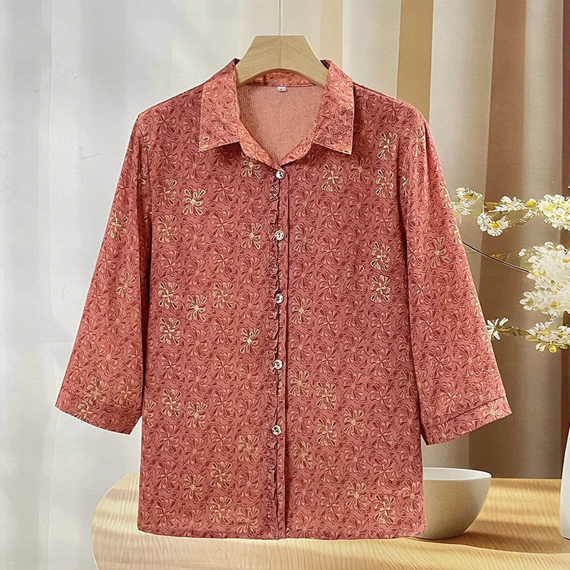 奶奶夏装衬衫七分袖中老年人妈妈夏季宽松衬衣老太太洋气衣服新款