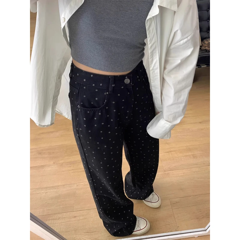 夏季薄款黑色印花高腰阔腿直筒牛仔裤女大码梨形身材宽松遮胯裤子