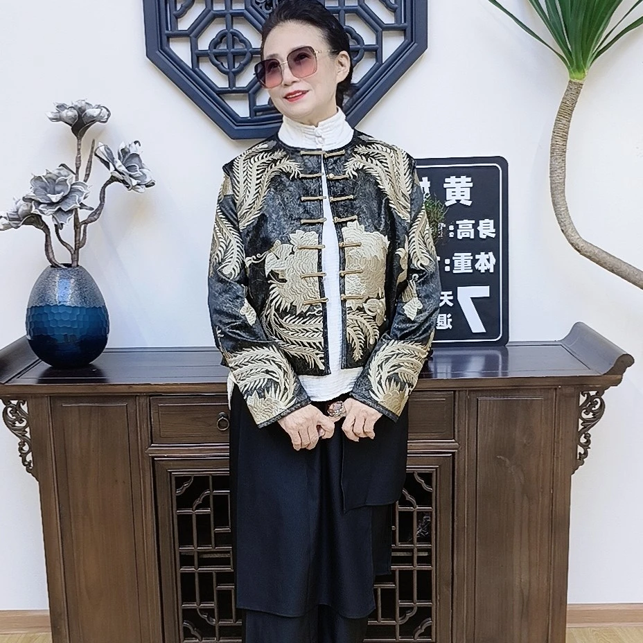 10919新中式繁花飞鸟刺绣女士外套
