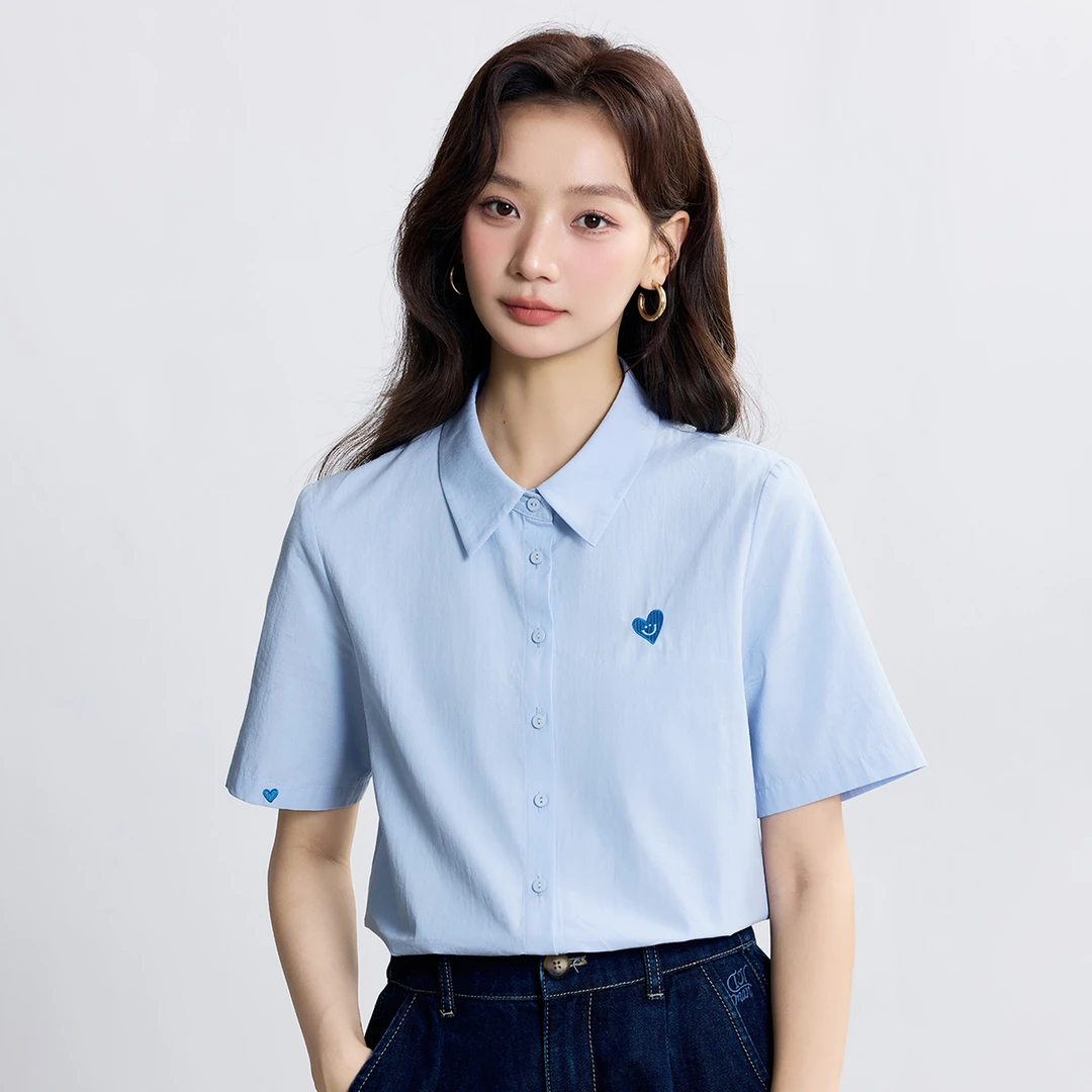 【夏日凉感】茵曼夏季重工爱心刺绣衬衫度假风时尚气质短袖衬衣上衣