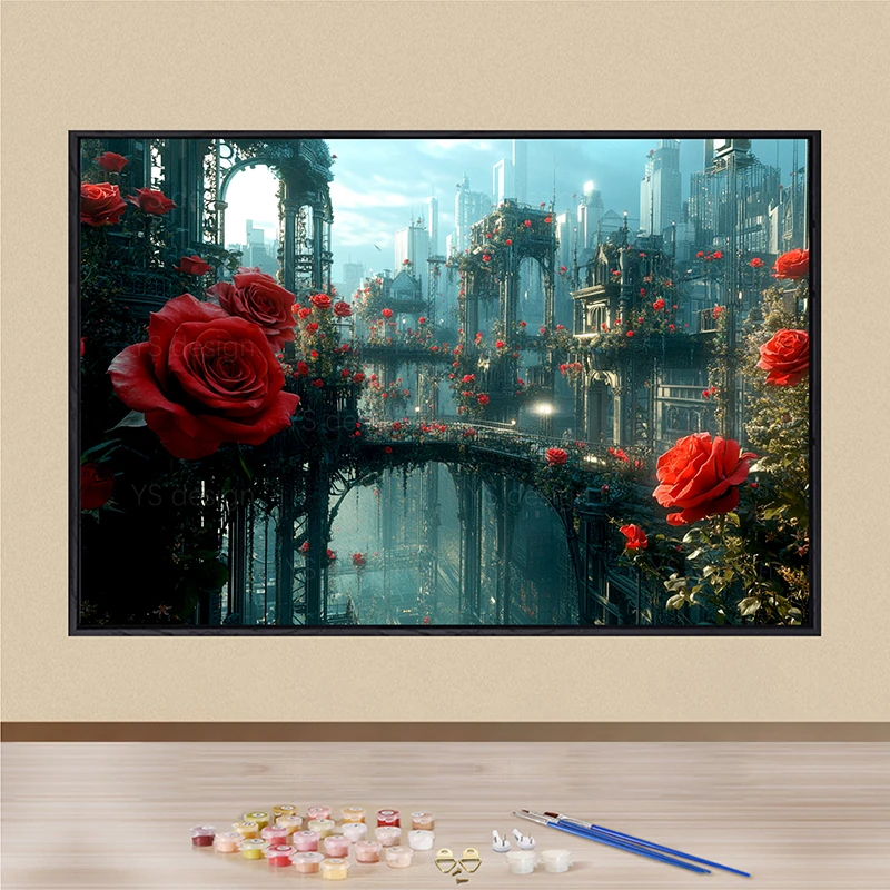 玫瑰工厂数字油画diy填色丙烯画涂色画爆款高质量手绘装饰画礼物