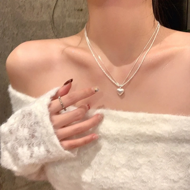 铜合金项链 双层拉丝爱心项链女时尚小众设计感精致气质锁骨链X15