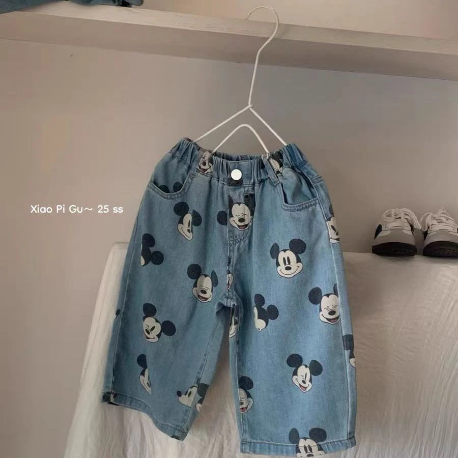 YeeHoO英式【断码】儿童夏季牛仔裤2025轻薄款宝宝卡通印花米奇9分