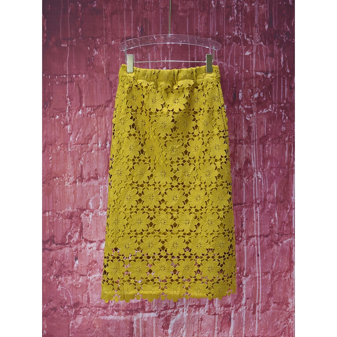 【韩哥女装】设计师高定面料欧货姜黄色蕾丝镂空勾花半身裙7117