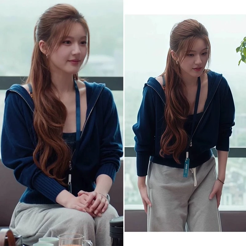 许我耀眼赵露思许妍同款拉链连帽毛衣外套女秋冬季设计感短款上衣