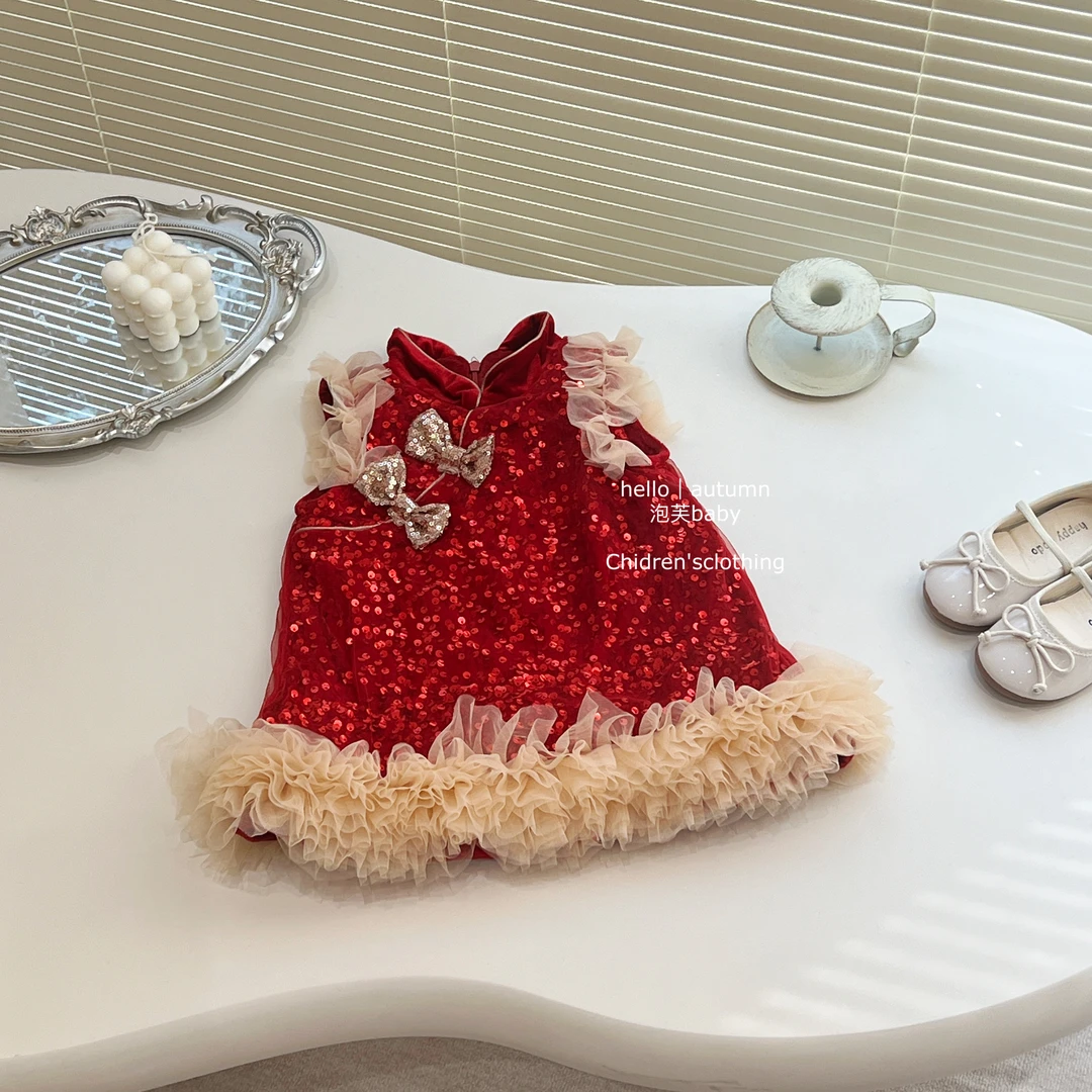【现】女童新年背心裙亮片红裙加绒蓬蓬裙蕾丝边袖节日连衣裙