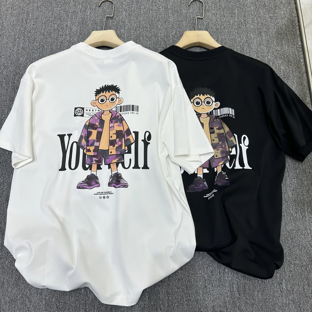 青年免烫夏季宽松型短袖印花T恤潮流半袖男士卡通休闲个性