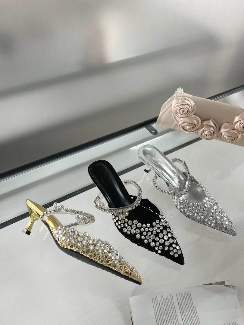 136-12婚宴气质水晶包头拖鞋2025夏天新款尖头水钻满钻细跟