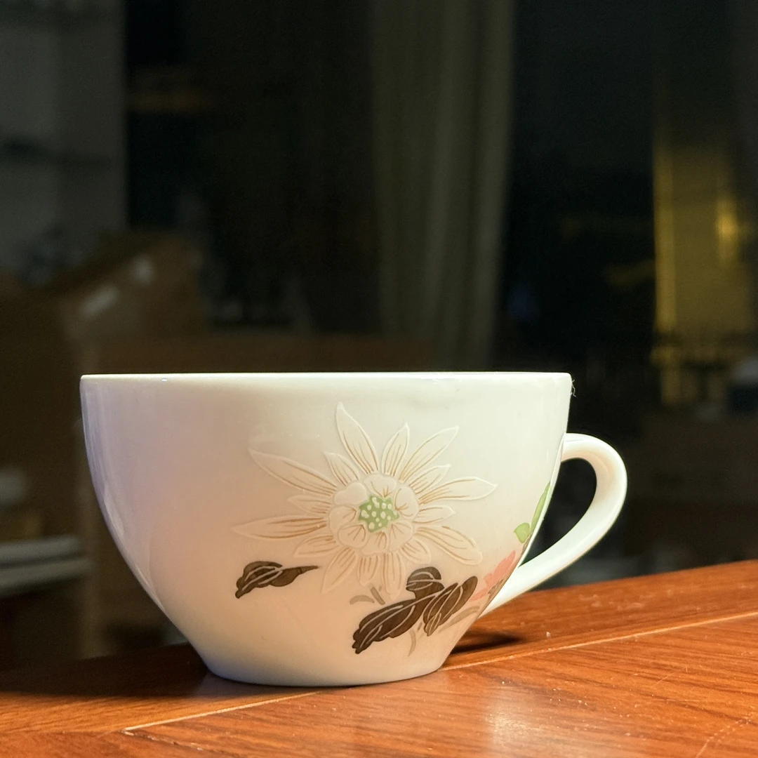 醴陵群力老瓷器釉下五彩手绘白菊花茶杯微瑕福利价