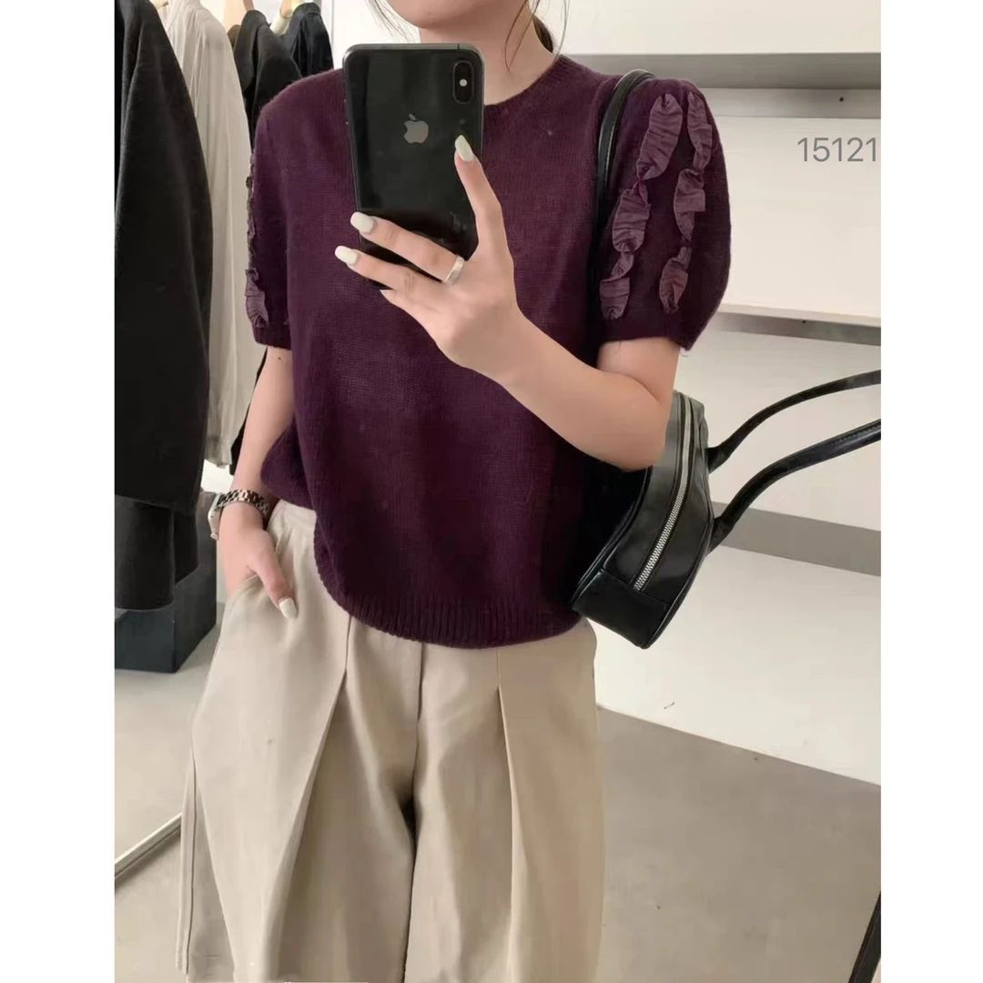 15121 CHUXUN（部分无水洗唛，介意慎拍)新款圆领拼接蕾丝针织短袖