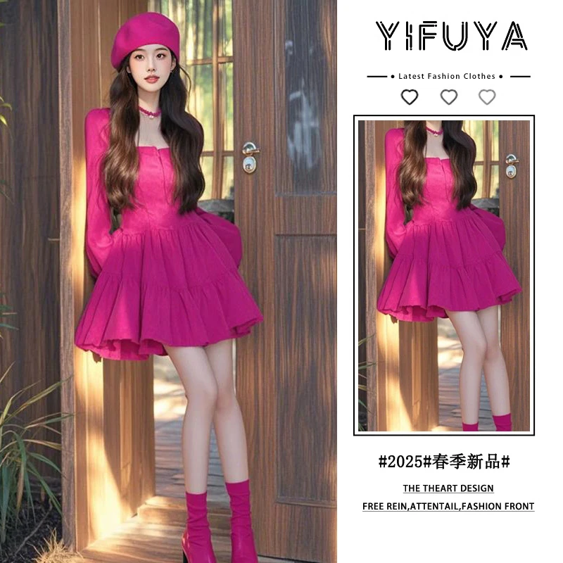 2025年新款法式洋气方领长袖连衣裙女小个子气质收腰减龄A字裙潮