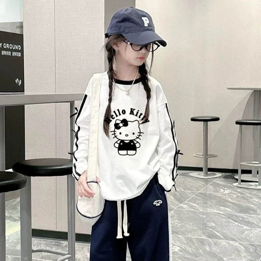 女童打底衫春秋2025新款白色蝴蝶结儿童纯棉长袖T恤女大童装上衣