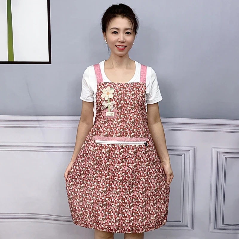 时尚无袖碎花围裙厨房做饭防油污透气耐脏洋气上班拉链大兜工作服