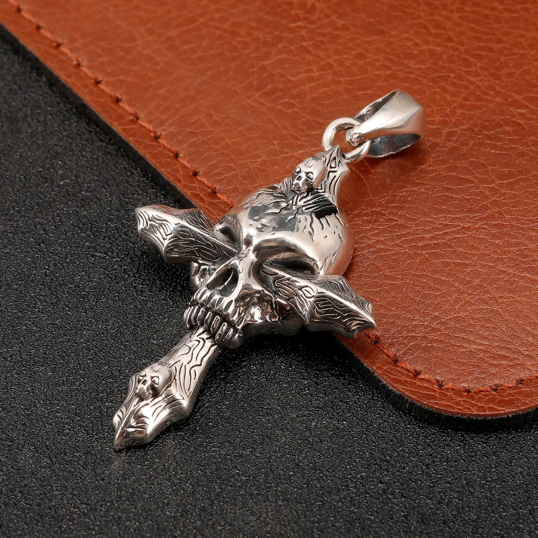 吊坠925银 欧美风骷髅头吊坠男士暗黑潮流百搭个性朋克十字架银饰