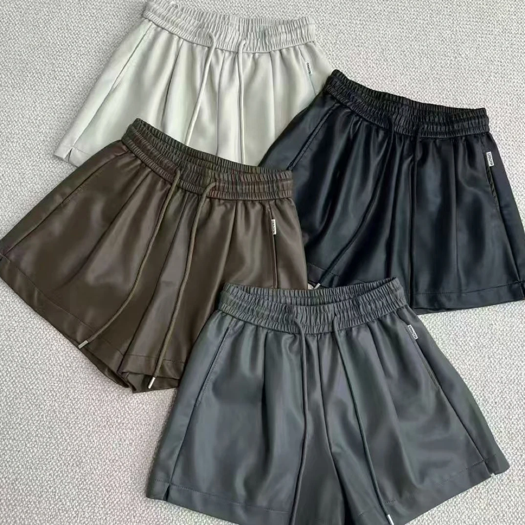 【婷姐家】6870欧货复古高腰皮短裤韩版抽绳百搭休闲皮短裤