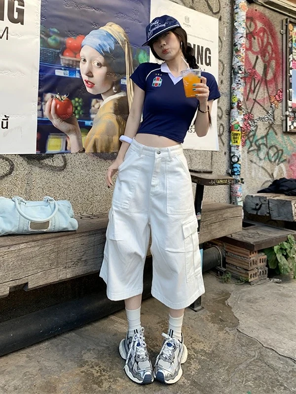 白色工装七分阔腿牛仔短裤女夏季薄款宽松显瘦多口袋休闲直筒中裤