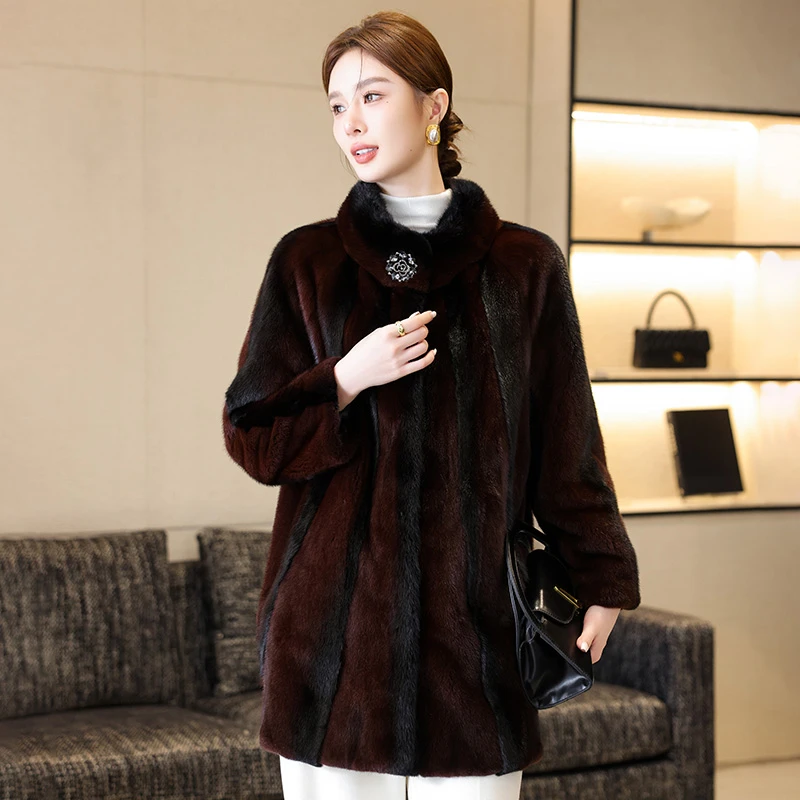 水貂毛皮草外套女整貂裘皮中长款节子显瘦撞色紫标天鹅绒貂皮大衣