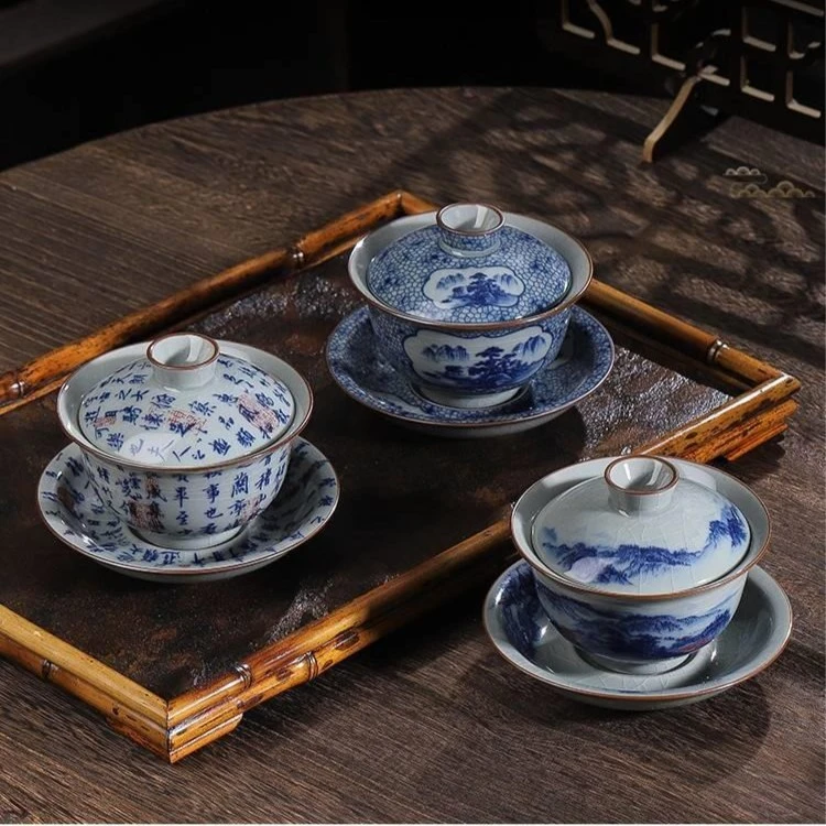 复古青花瓷盖碗茶杯茶具泡茶碗办公家用大号陶瓷功夫三才碗杯茶碗