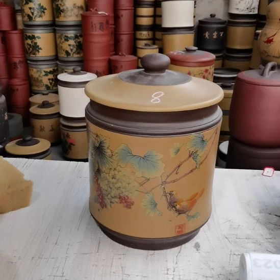 紫砂茶叶罐宝塔花鸟款8