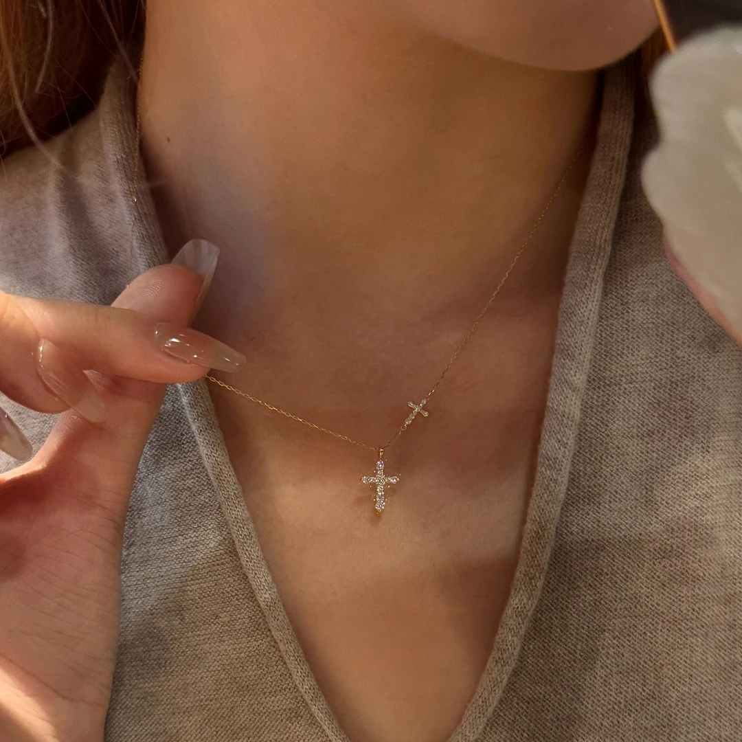 铜合金项链 爆闪双十字架项链女轻奢小众设计高级感精致锁骨链ins