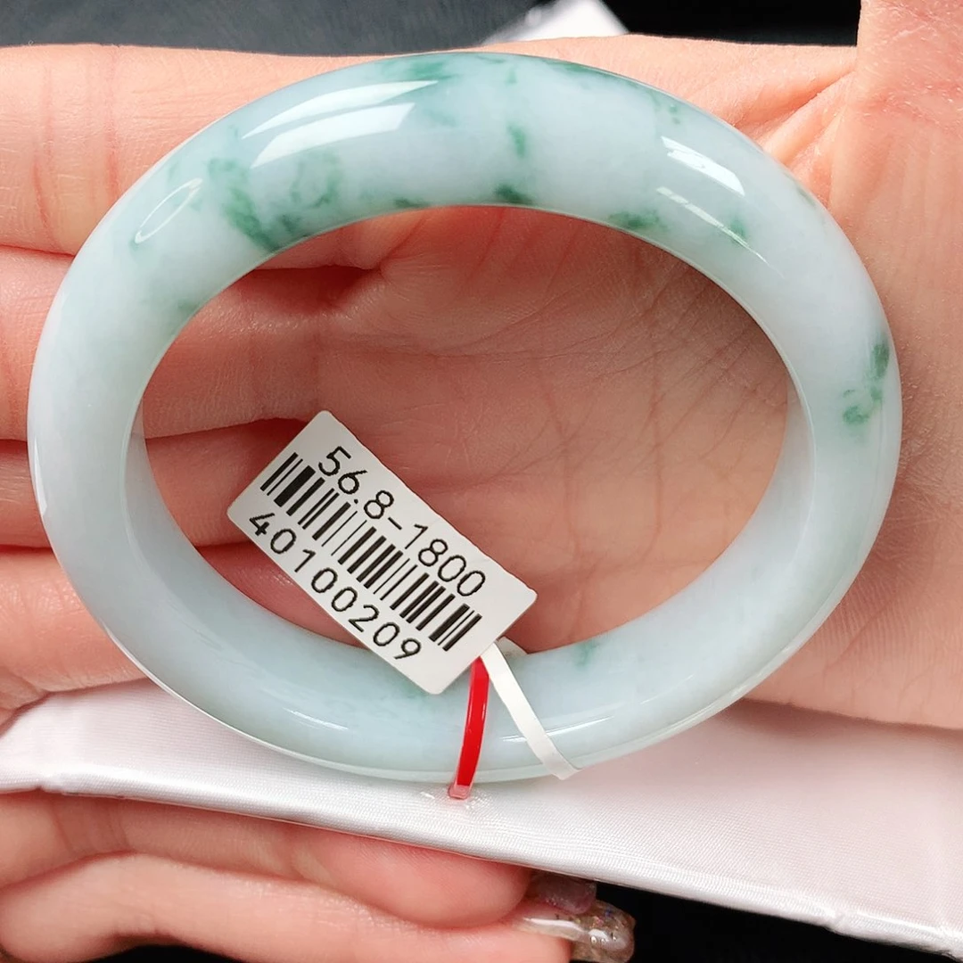 翡翠手镯未镶嵌白底飘蓝花正圈56圈口 32号