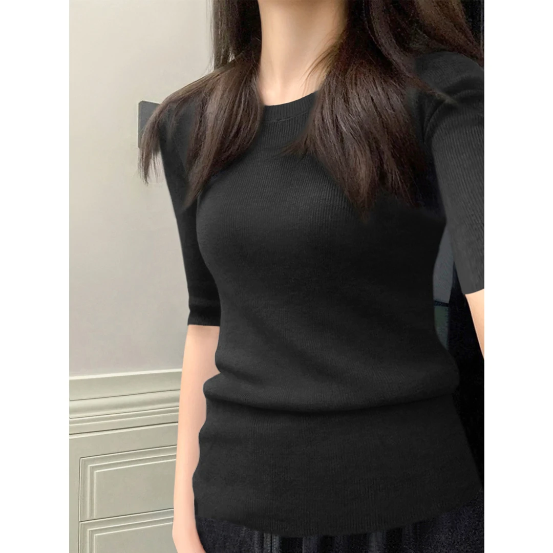 夏季五分袖修身简约内搭针织打底衫2025年新款圆领时尚套头上衣女