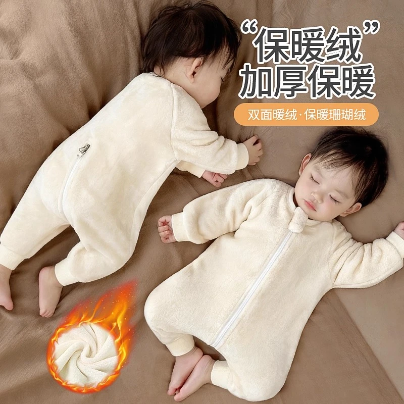 儿童冬款珊瑚绒连体睡衣保暖护肚男宝睡袋冬季大童加厚法兰绒衣服