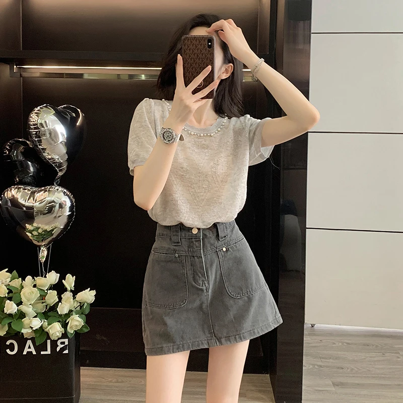 小个子穿搭一整套女夏季时尚减龄洋气短袖针织衫上衣搭配半身裙