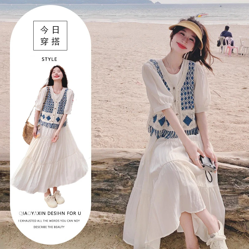 米白色泡泡袖连衣裙套装夏女2025新款法式复古宽松镂空马甲两件套