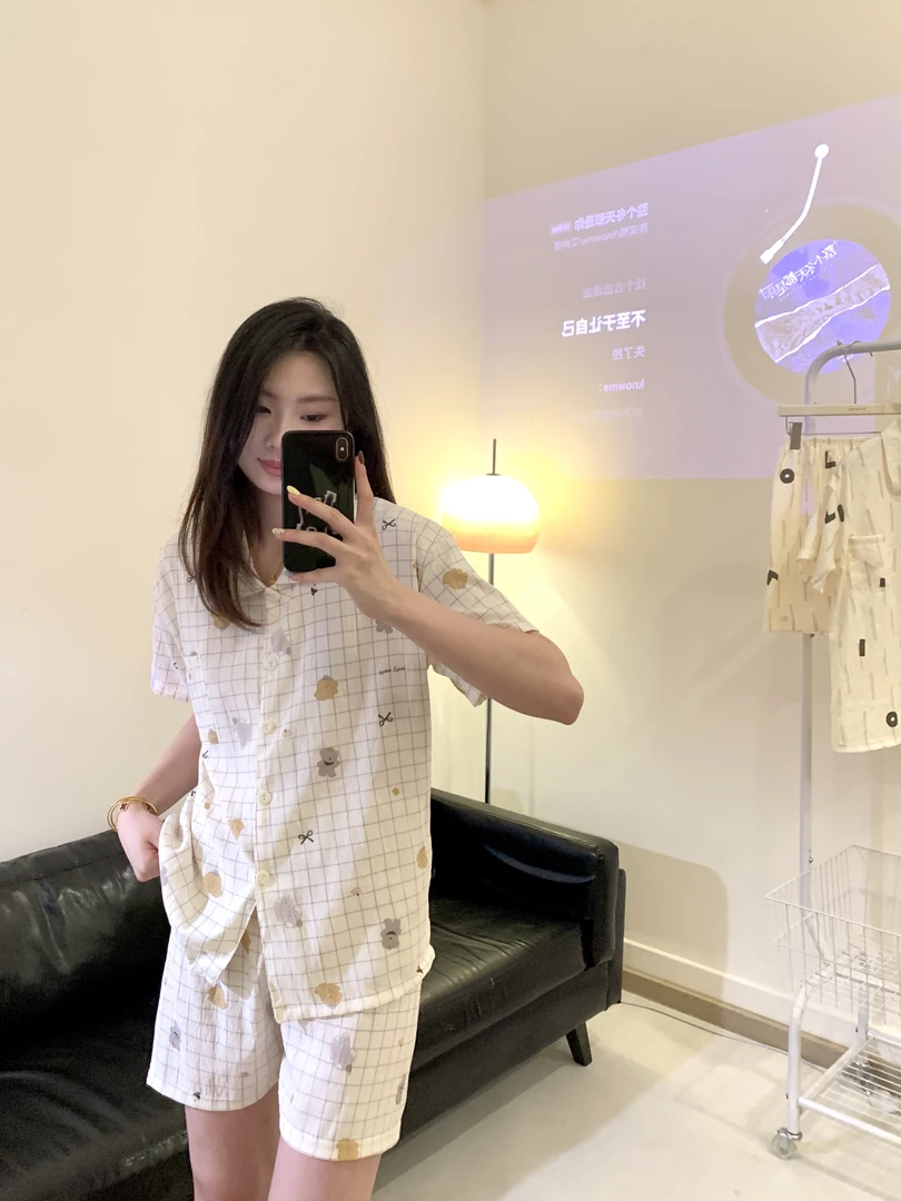 【趣味格子】日系简约格子卡通印花休闲夏季女短袖透气家居服套装
