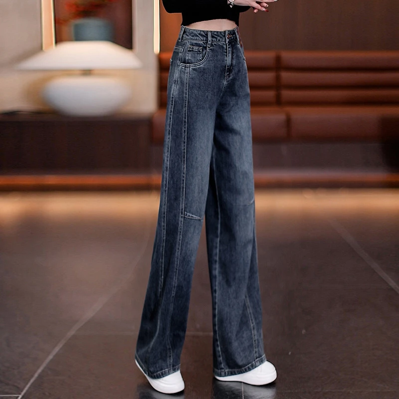 2025秋新款复古牛仔直筒女裤高腰显瘦宽松垂感休闲窄版阔腿裤子