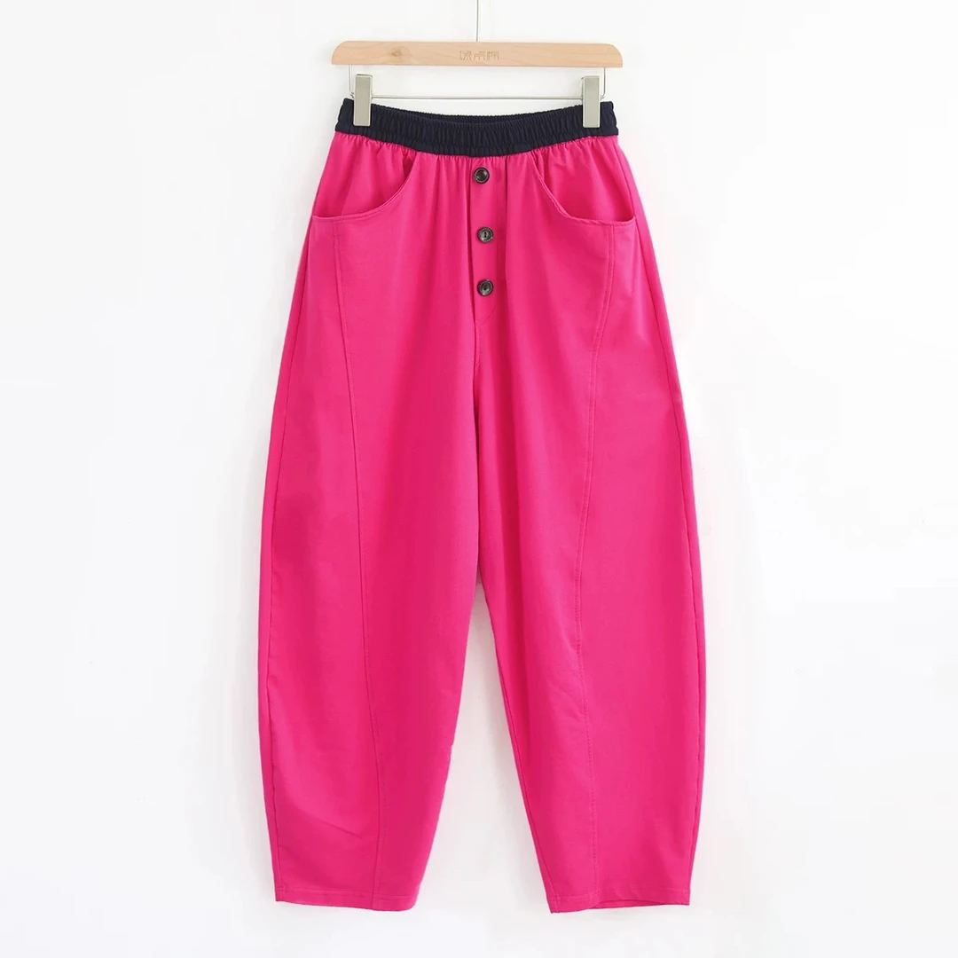 夏季女士单排扣高腰哈伦裤，018