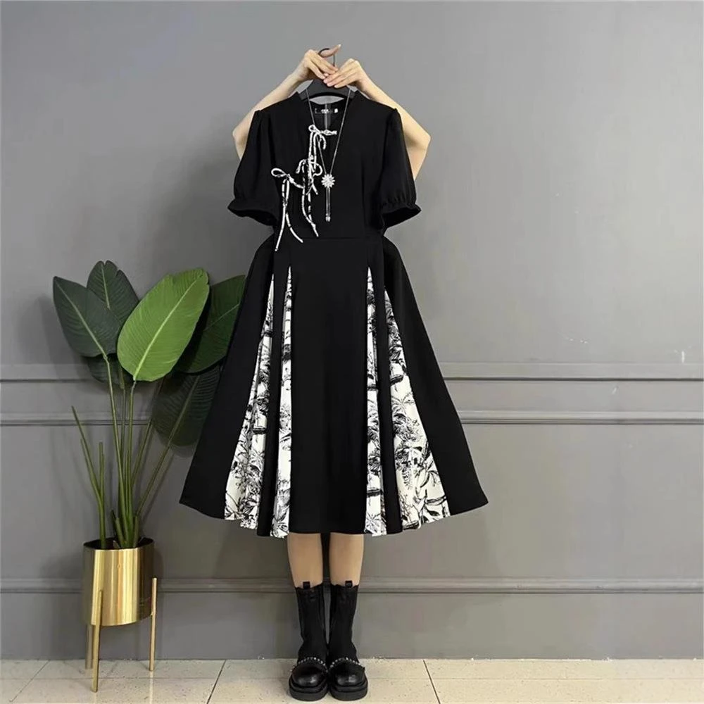 夏季大码女装改良旗袍裙胖mm遮肚子a字连衣裙胖妹妹200斤碎花减龄