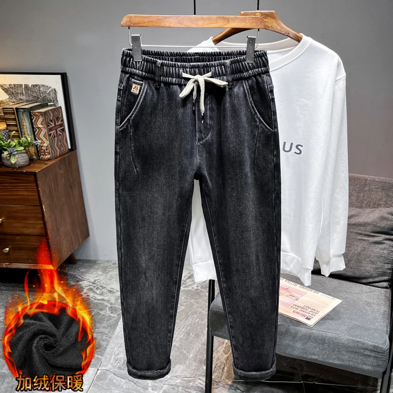 潮牌男裤厚款宽松弹力小脚牛仔裤男秋冬季松紧腰带休闲时尚哈伦裤