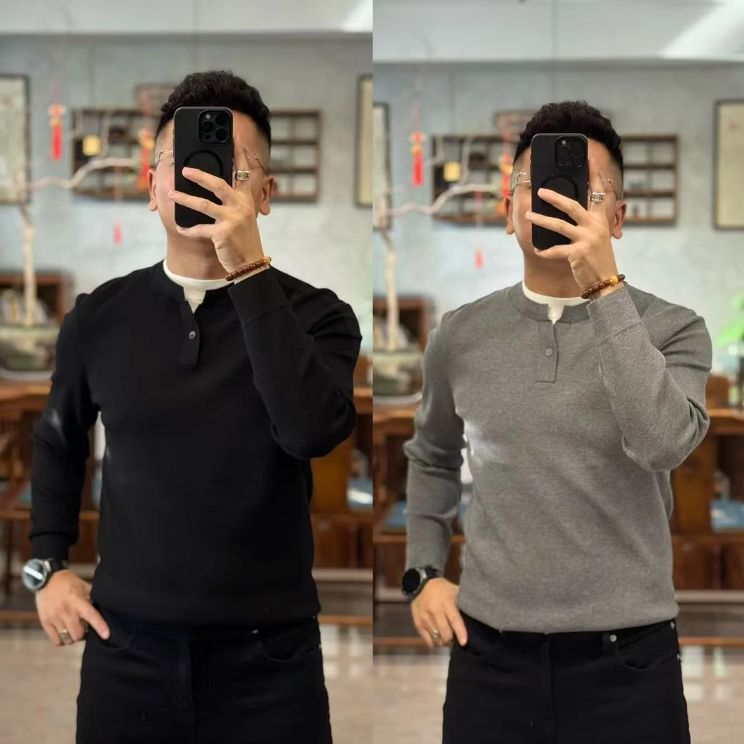 62802欧货秋冬时尚经典桑蚕丝混纺假两件圆领男士长袖针织T恤