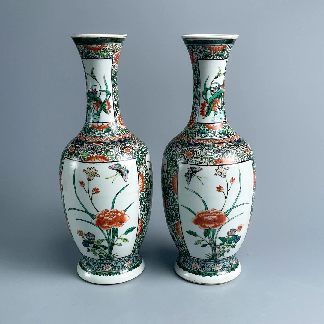 瓷器/古董清光绪五彩长颈撇口瓶一对M25BL001829收藏/文物/绣花张