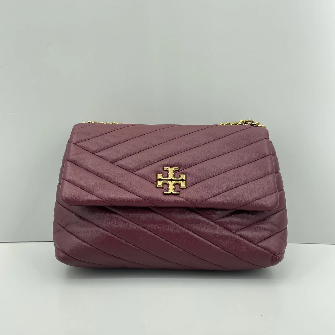 90新 TORY BURCH/汤丽柏琦 kira酒红中号链条斜挎包 23*15*8cm